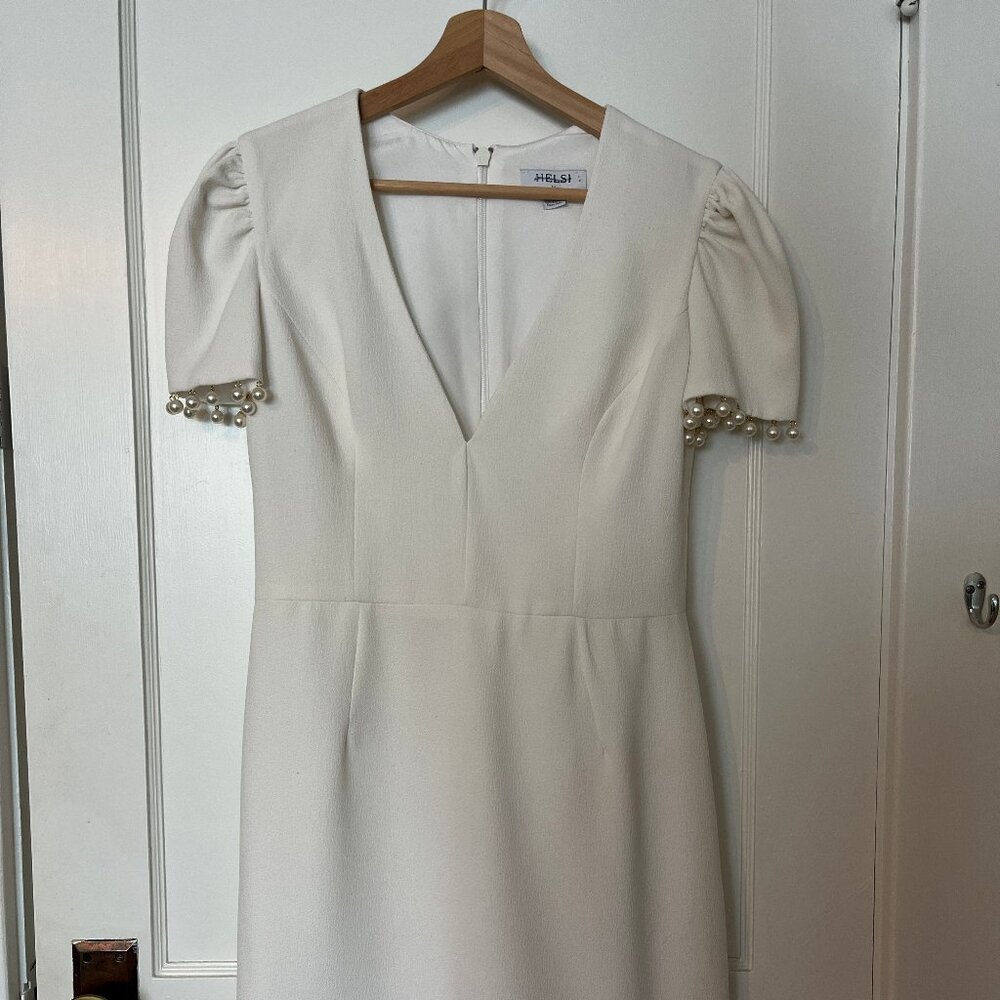 Helsi Estelle Pearl-Trim V-Neck Cap-Sleeve Stretch Crepe Mini Dress